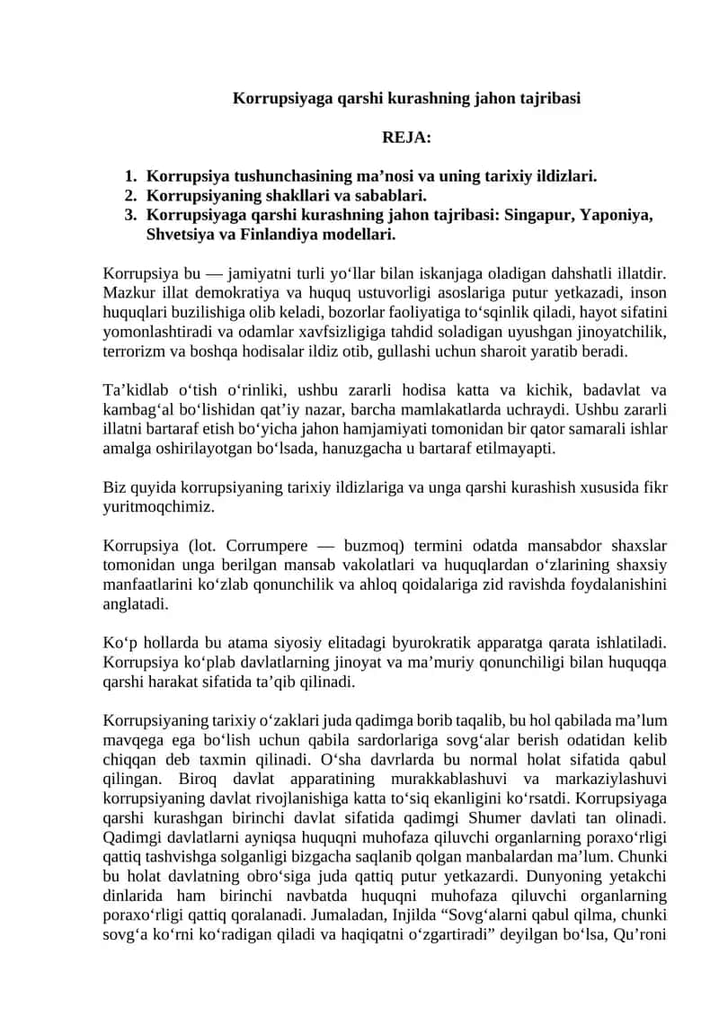 Korrupsiyaga qarshi kurashning jahon tajribasi 1