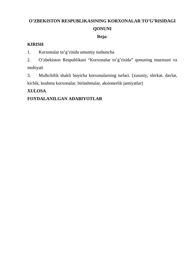 O’ZBEKISTON RESPUBLIKASINING KORXONALAR TO’G’RISIDAGI QONUNI 1