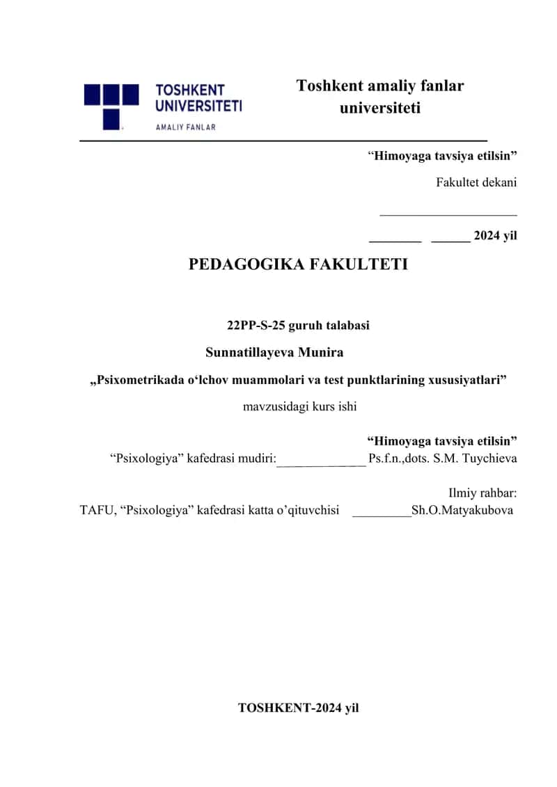 Psixometrikada oʻlchov muammolari va test punktlarining xususiyatlari 1