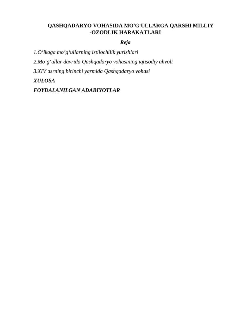 QASHQADARYO VOHASIDA MO'G'ULLARGA QARSHI MILLIY -OZODLIK HARAKATLARI 1