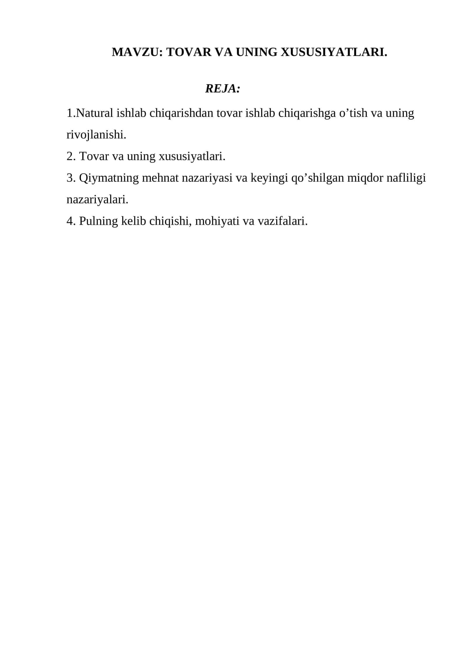 TOVAR VA UNING XUSUSIYATLARI 1