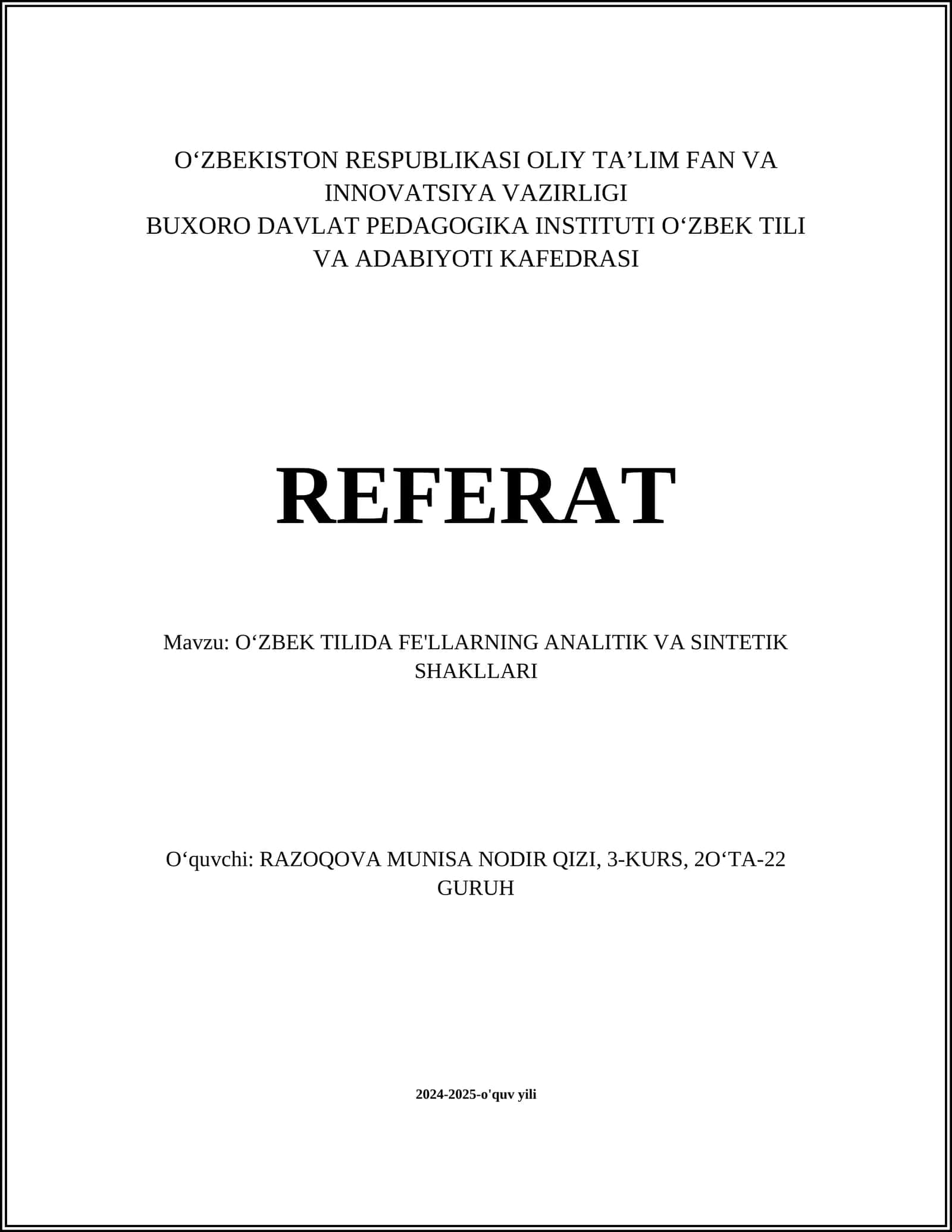 OʻZBEK TILIDA FE'LLARNING ANALITIK VA SINTETIK SHAKLLARI 1
