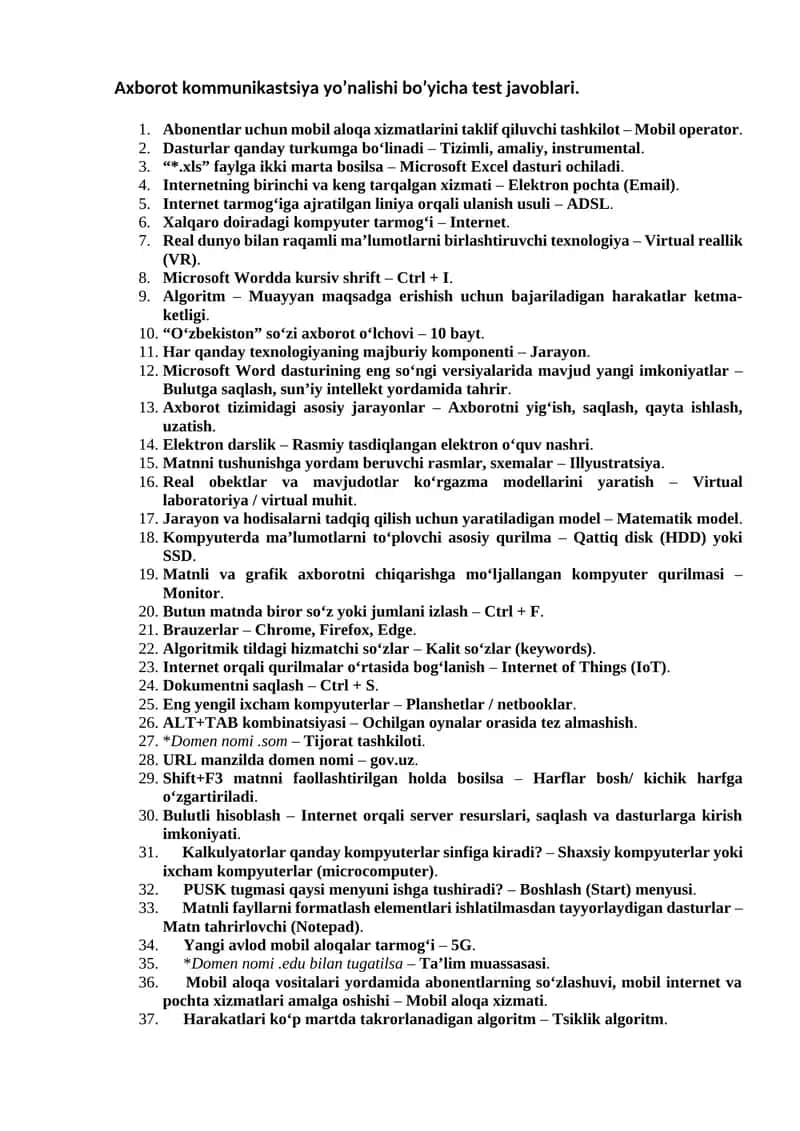 Argos 2025 Axborot kommunikastsiya yo’nalishi bo’yicha test javoblari 1