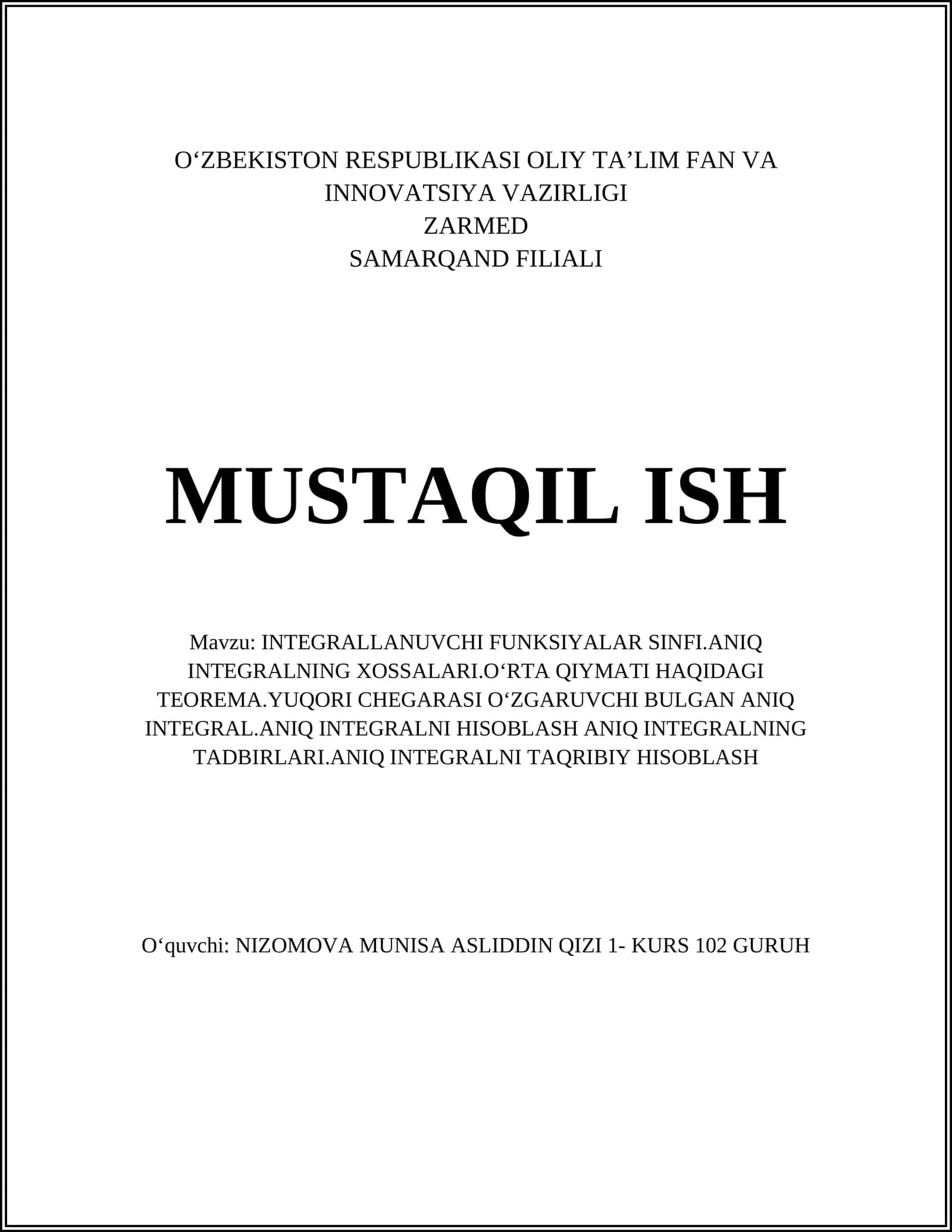 INTEGRALLANUVCHI FUNKSIYALAR SINFI 1