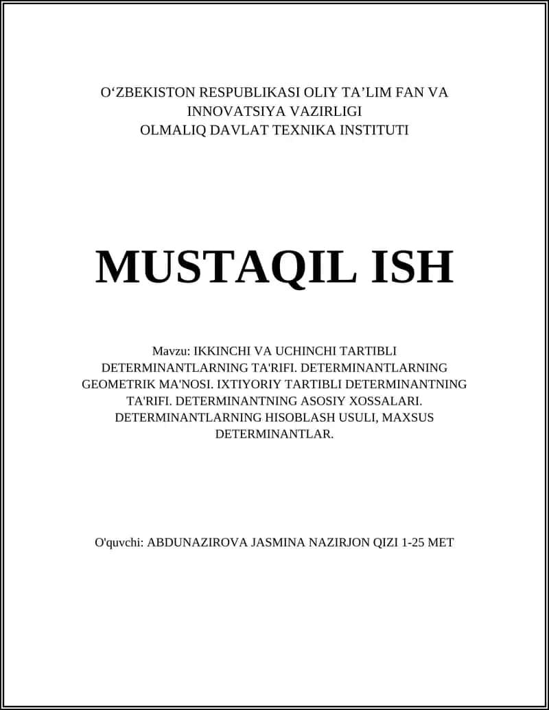 IKKINCHI VA UCHINCHI TARTIBLI DETERMINANTLARNING TA'RIFI 1
