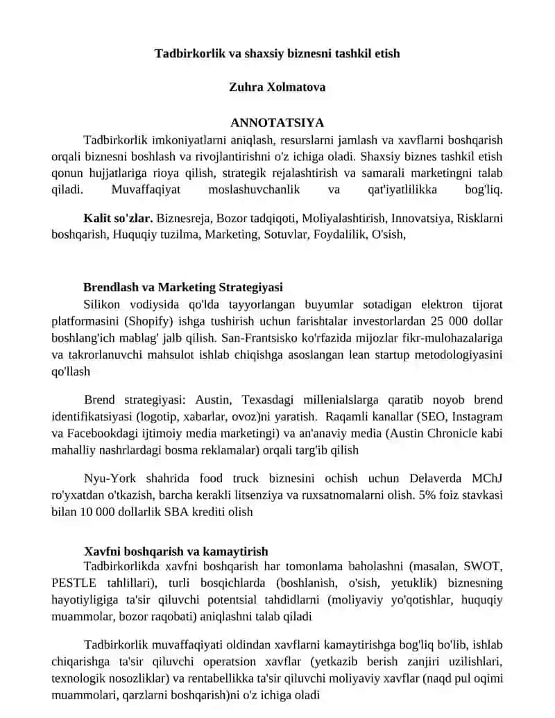 Tadbirkorlik va shaxsiy biznesni tashkil etish