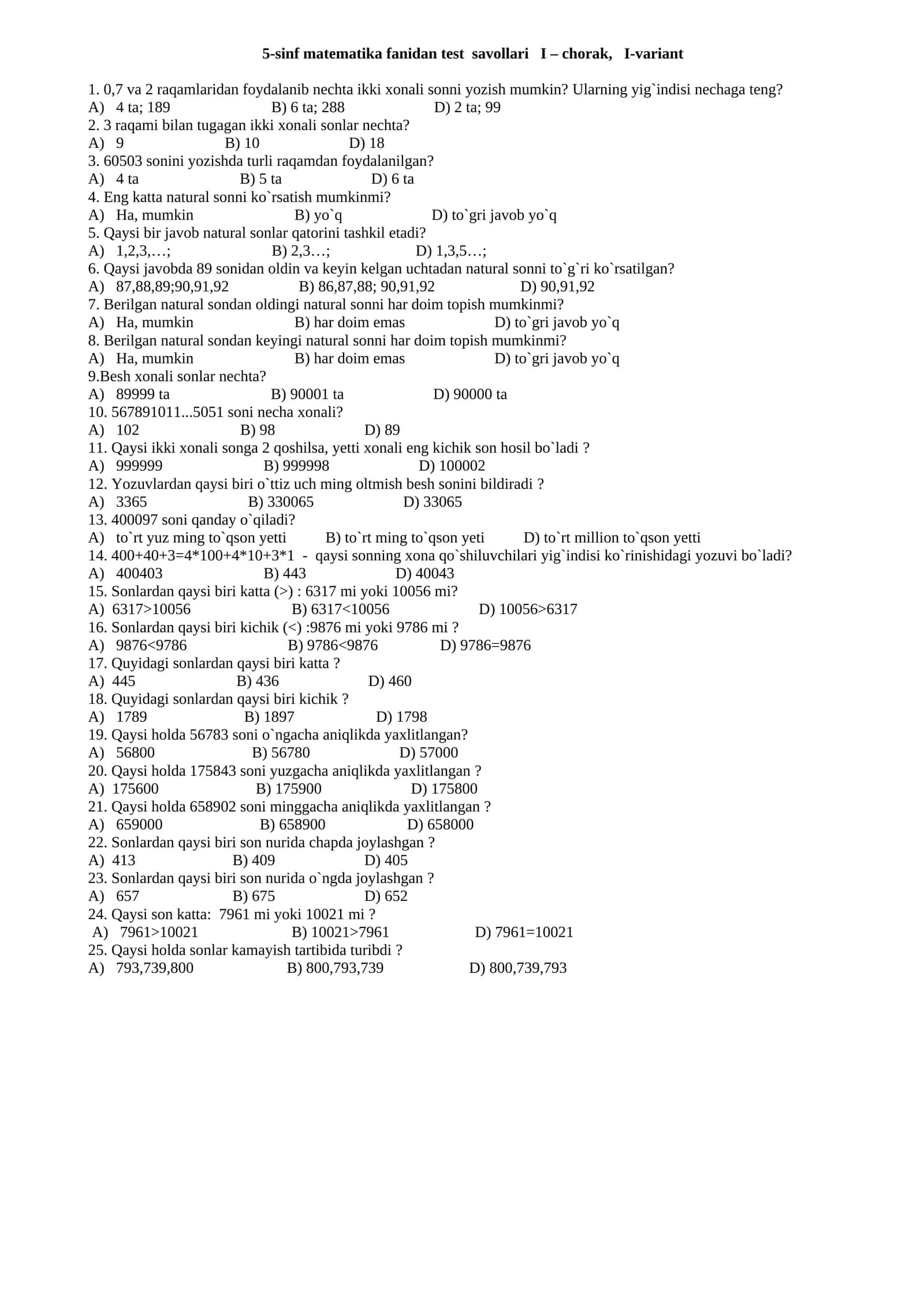 5-sinf matematika fanidan test savollari I – chorak, I-variant 1