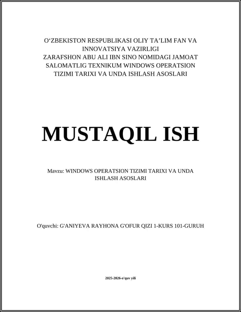 WINDOWS OPERATSION TIZIMI TARIXI VA UNDA ISHLASH ASOSLARI 1