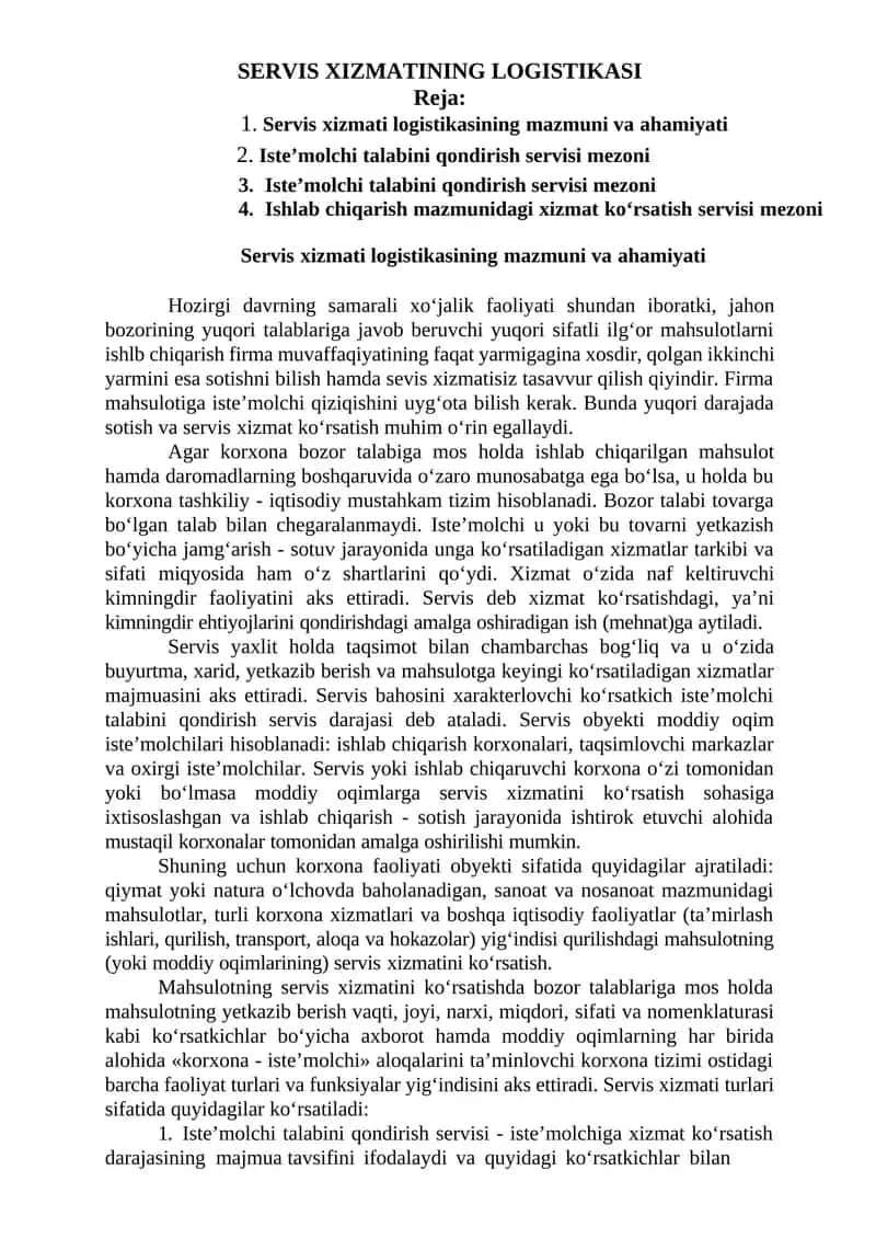 Servis xizmatining logistikasi