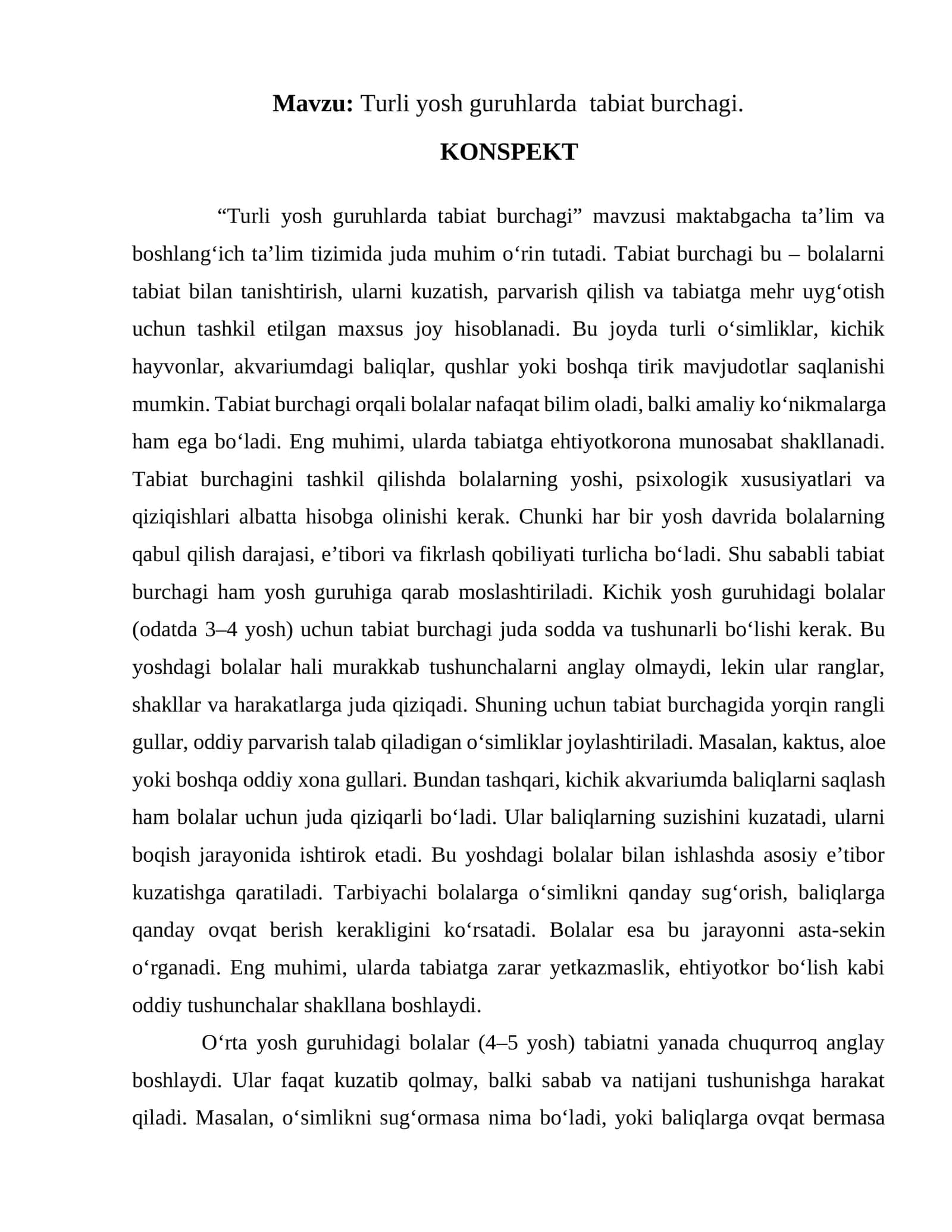 Turli yosh guruhlarda tabiat burchagi 1