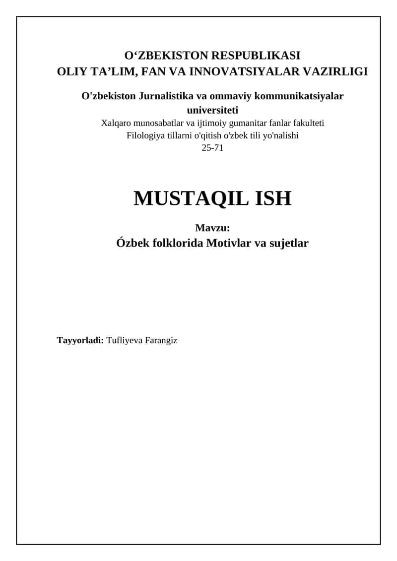 O'zbek Folklorida Motivlar va Sujetlar 1