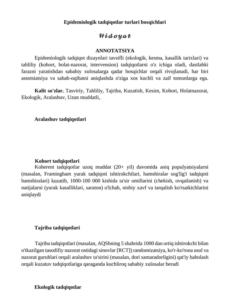 Epidemiologik tadqiqotlar turlari bosqichlari 1