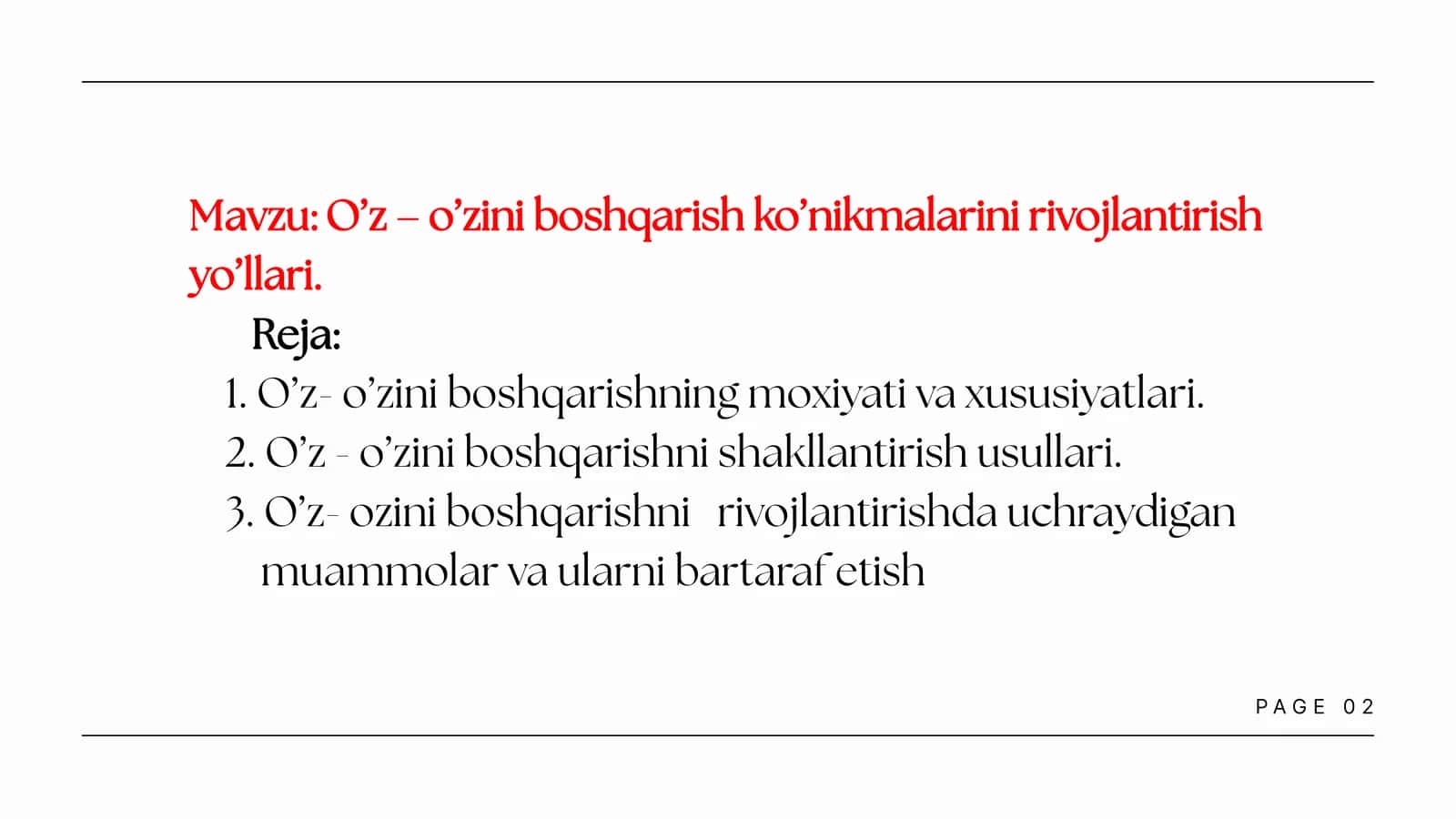 O’z – o’zini boshqarish ko’nikmalarini rivojlantirish yo’llari. 1