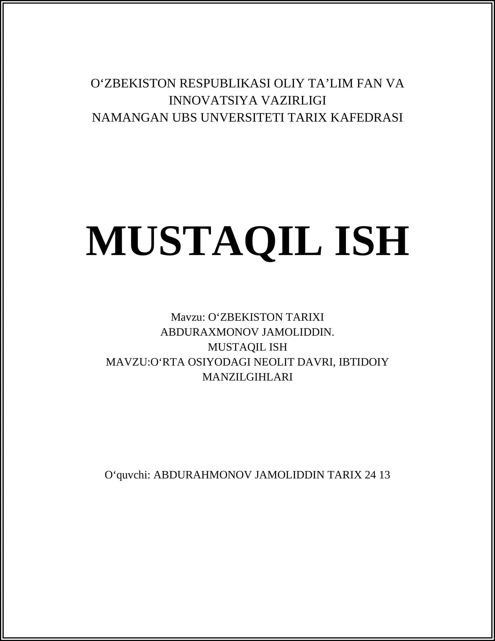 OʻRTA OSIYODAGI NEOLIT DAVRI, IBTIDOIY MANZILGIHLARI 1
