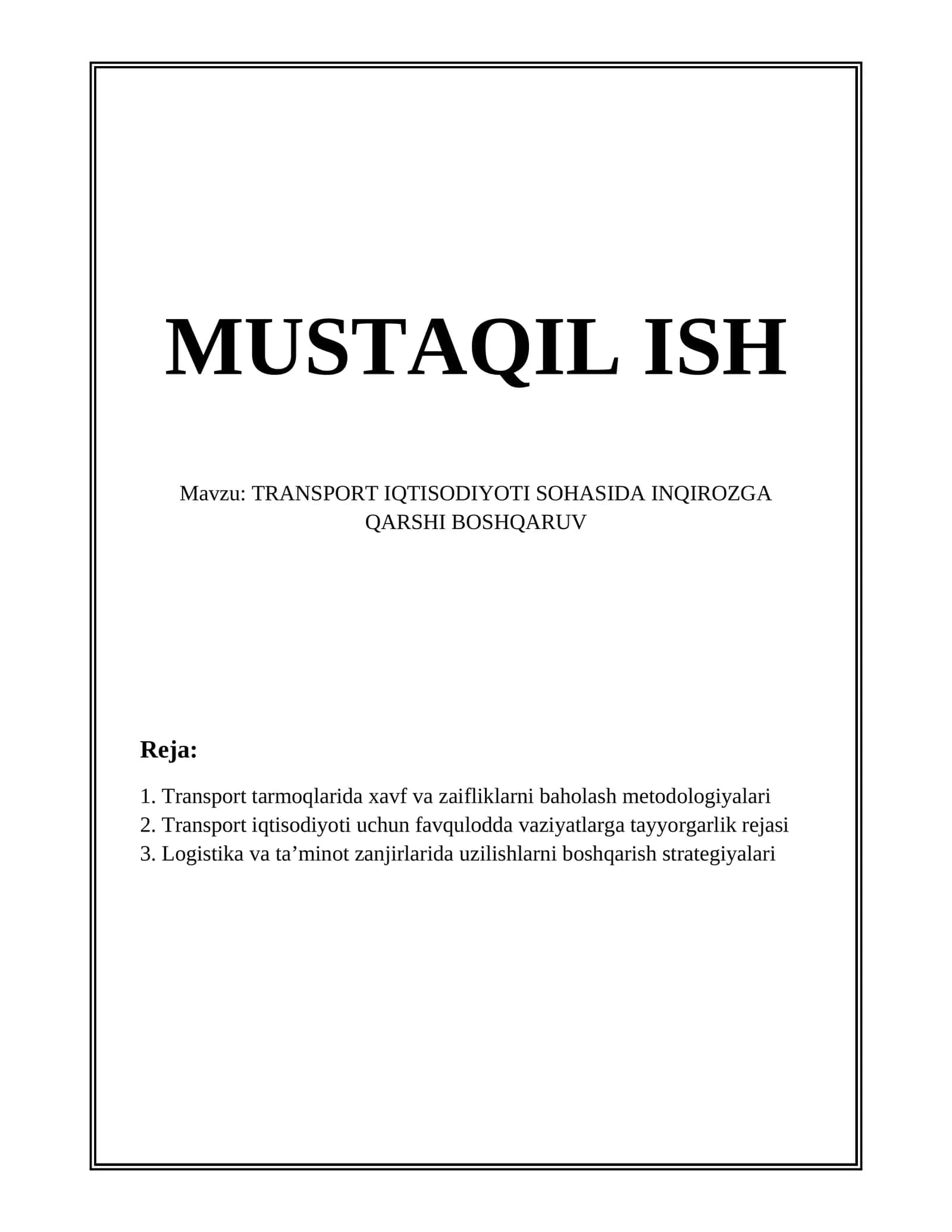 TRANSPORT IQTISODIYOTI SOHASIDA INQIROZGA QARSHI BOSHQARUV 1