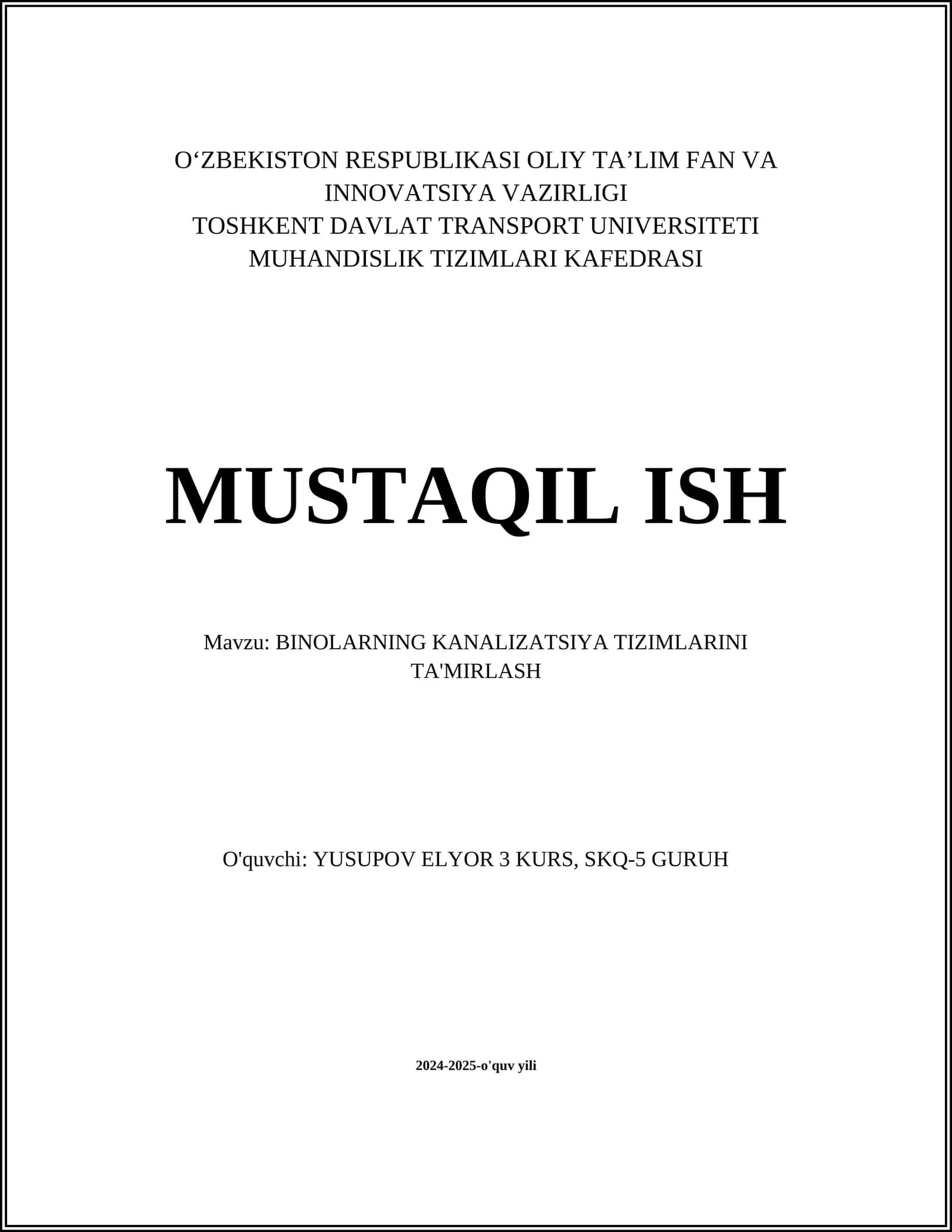 BINOLARNING KANALIZATSIYA TIZIMLARINI TA'MIRLASH 1