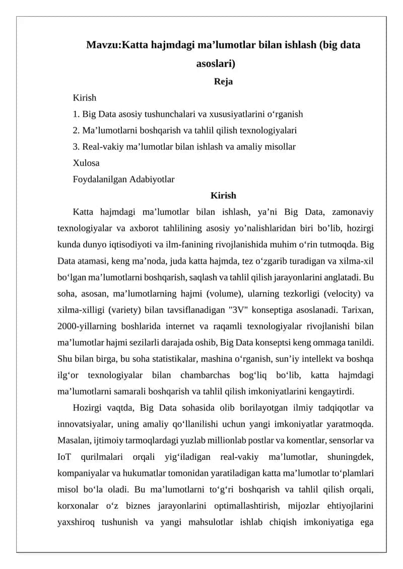 Katta hajmdagi ma’lumotlar bilan ishlash (big data asoslari) 1