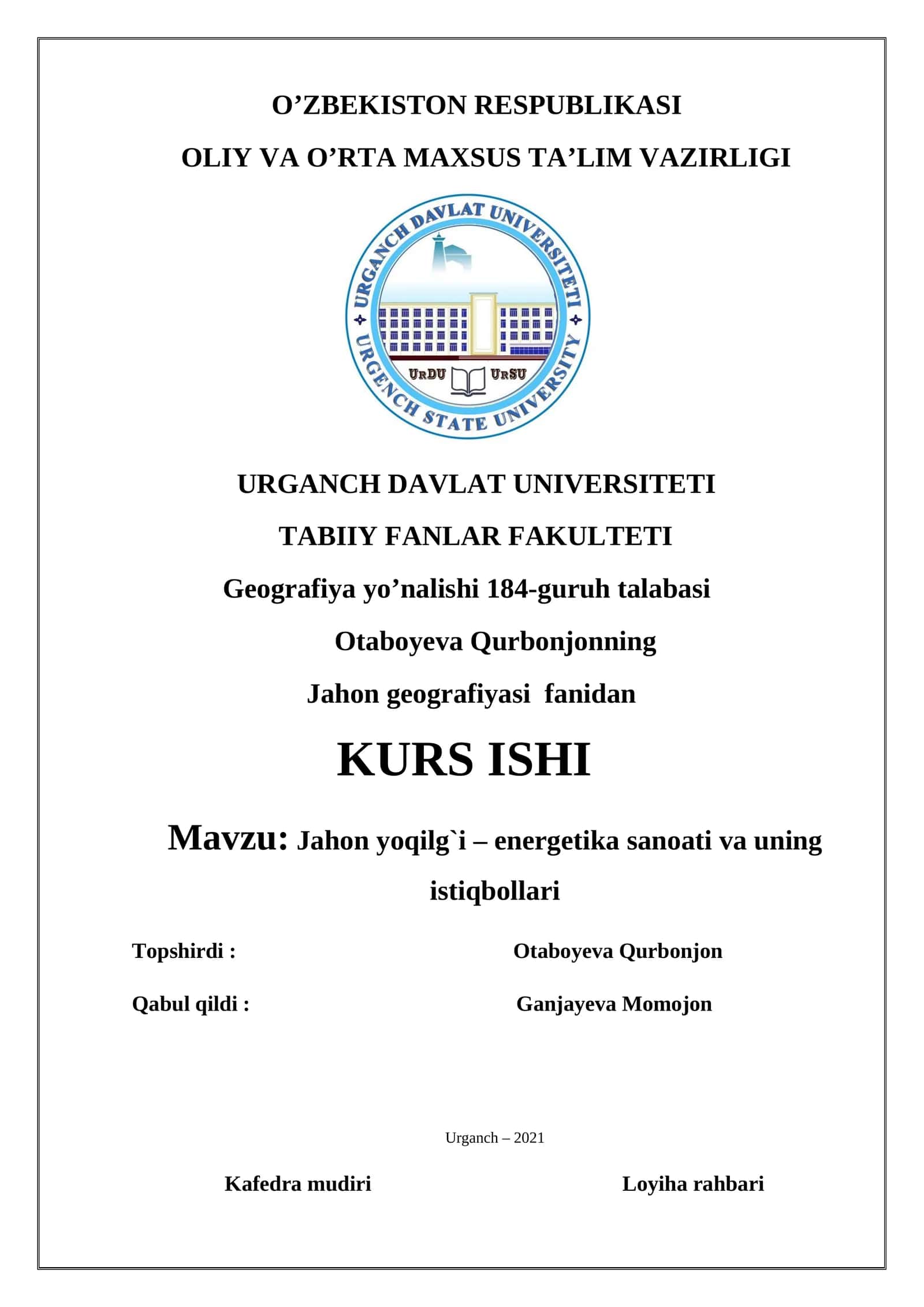 Jahon yoqilg`i – energetika sanoati va uning istiqbollari 1