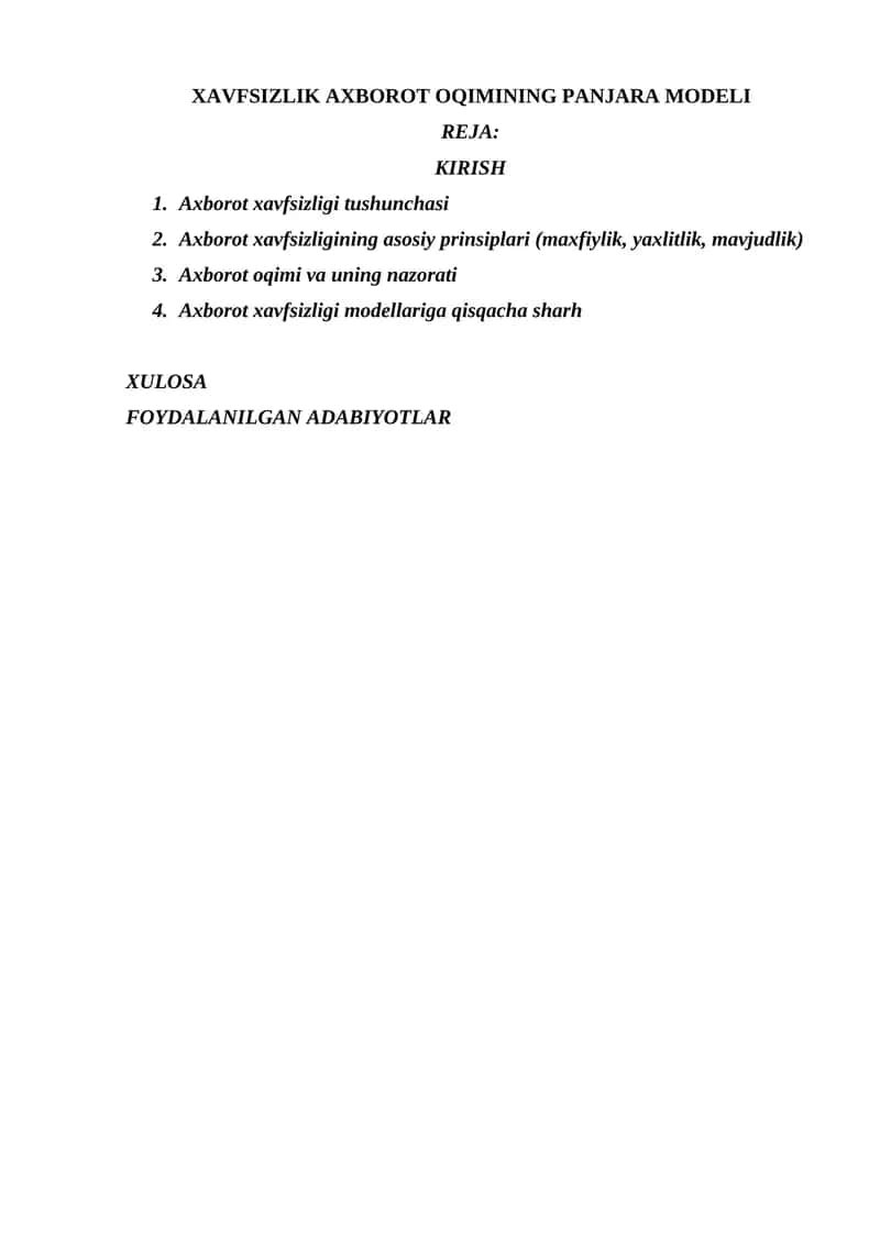 XAVFSIZLIK AXBOROT OQIMINING PANJARA MODELI 1