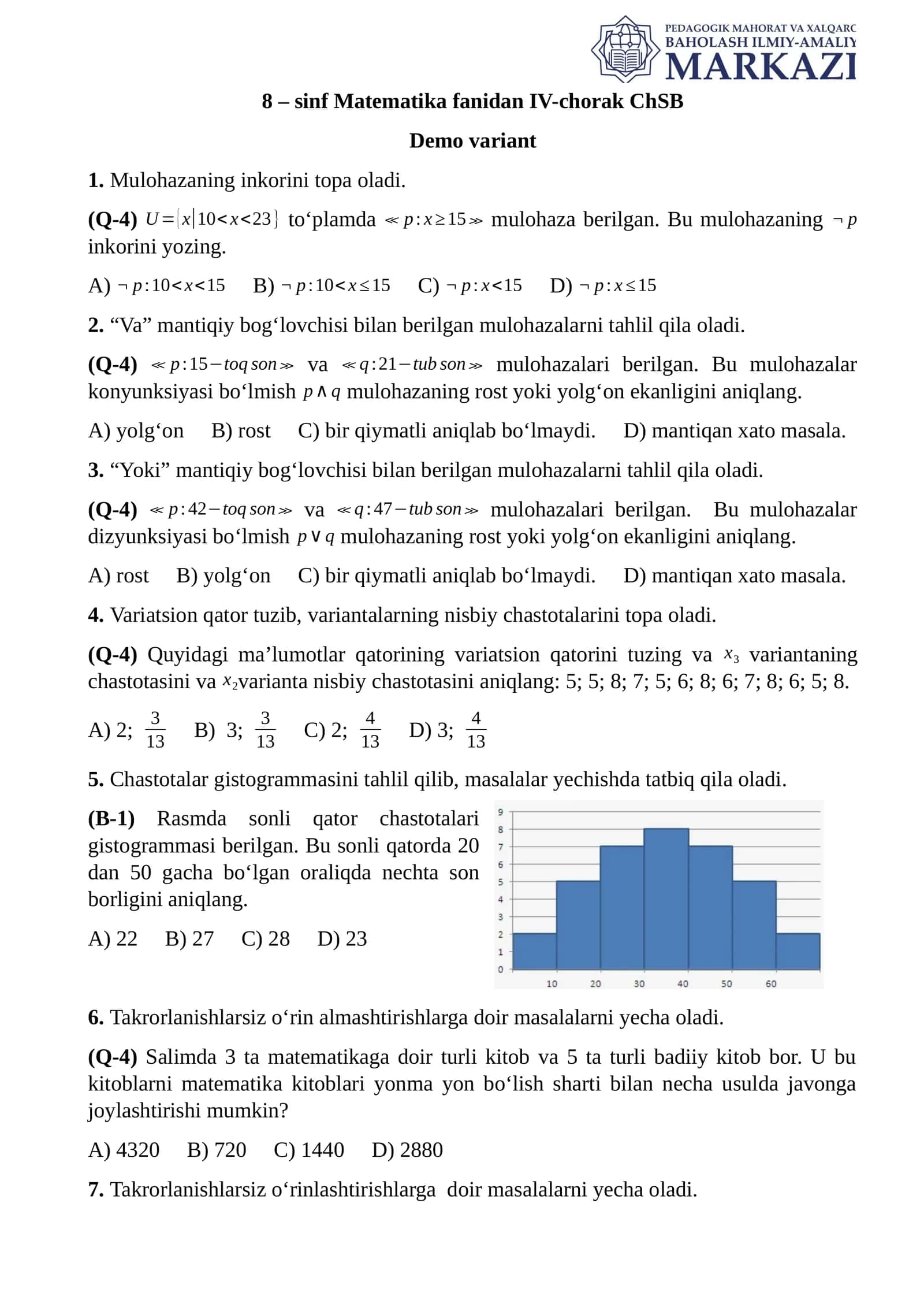 8 – sinf Matematika fanidan IV-chorak ChSB 1