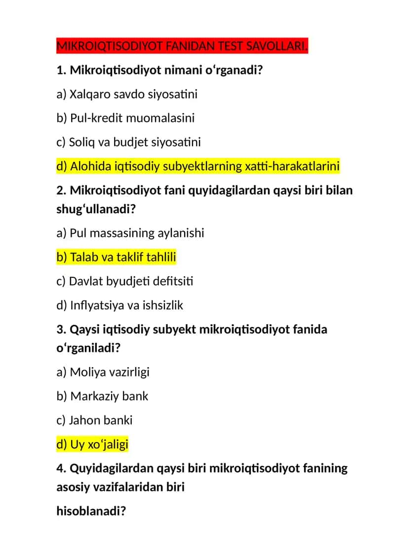 Mikroiqtisodiyot Fanidan Test Savollari 1