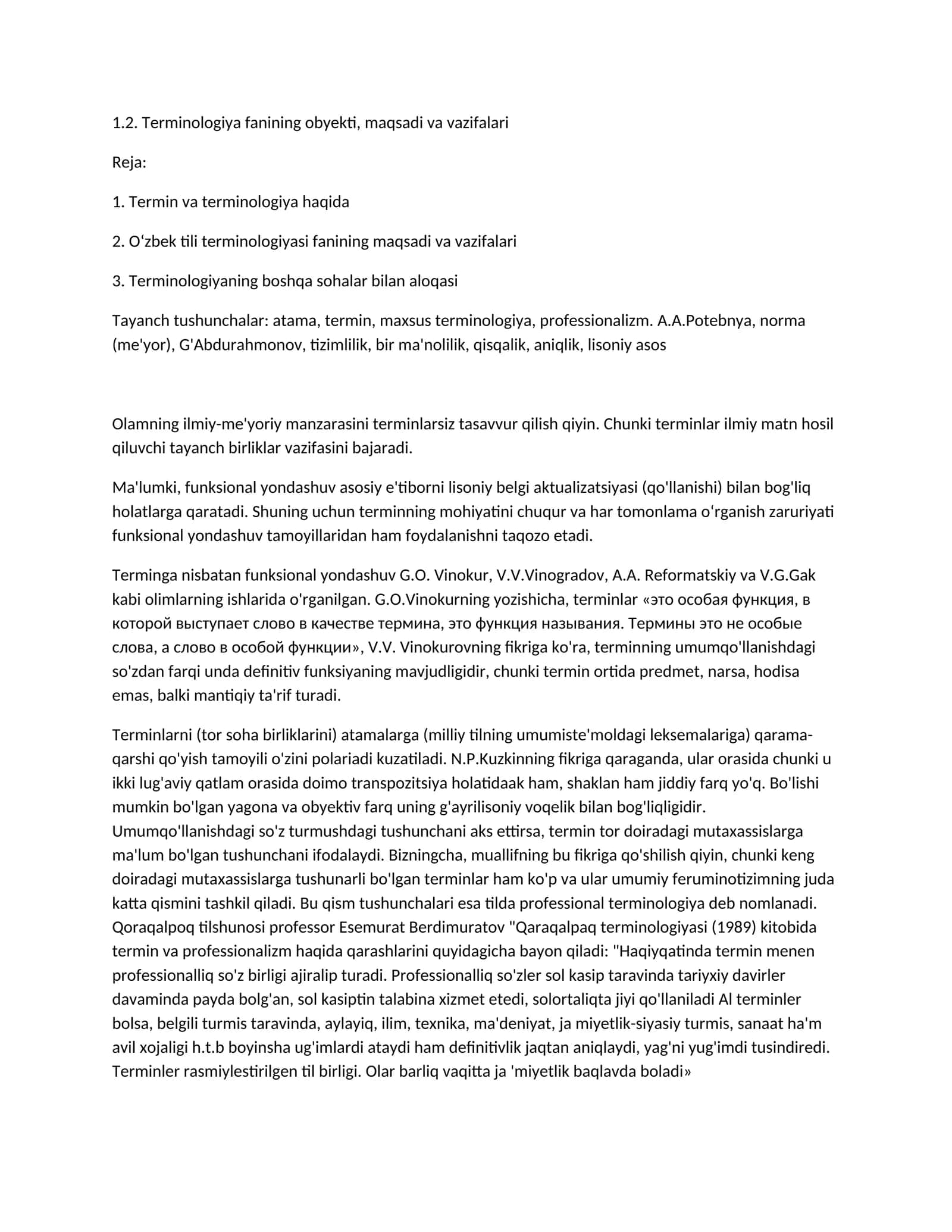 Terminologiya fanining obyekti, maqsadi va vazifalari 1