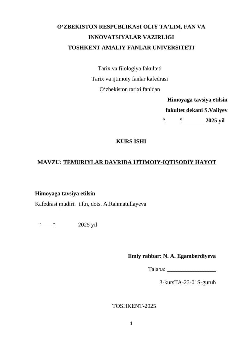 Temuriylar Davrida Ijtimoiy-Iqtisodiy Hayot 1