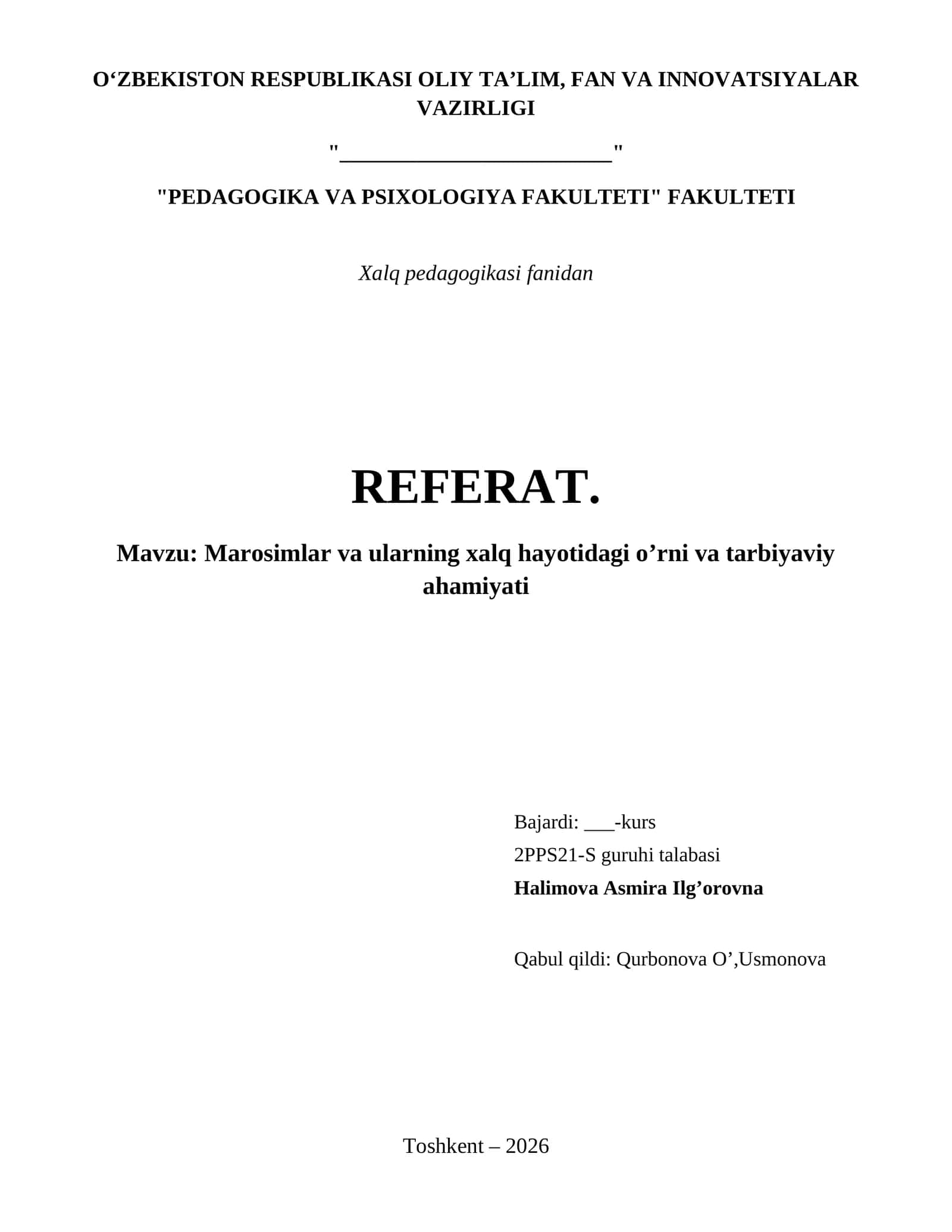 Marosimlar va ularning xalq hayotidagi o’rni va tarbiyaviy ahamiyati 1