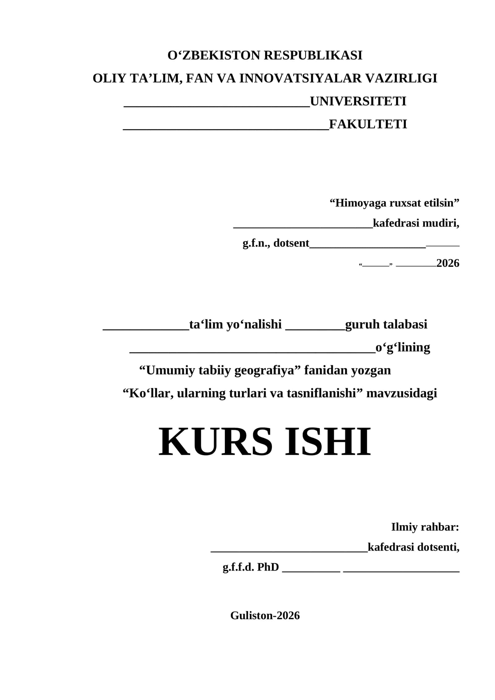 Kurs ishi. mavzu: Koʻllar, ularning turlari va tasniflanishi 1
