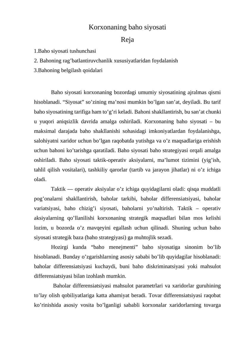 Korxonaning baho siyosati 1