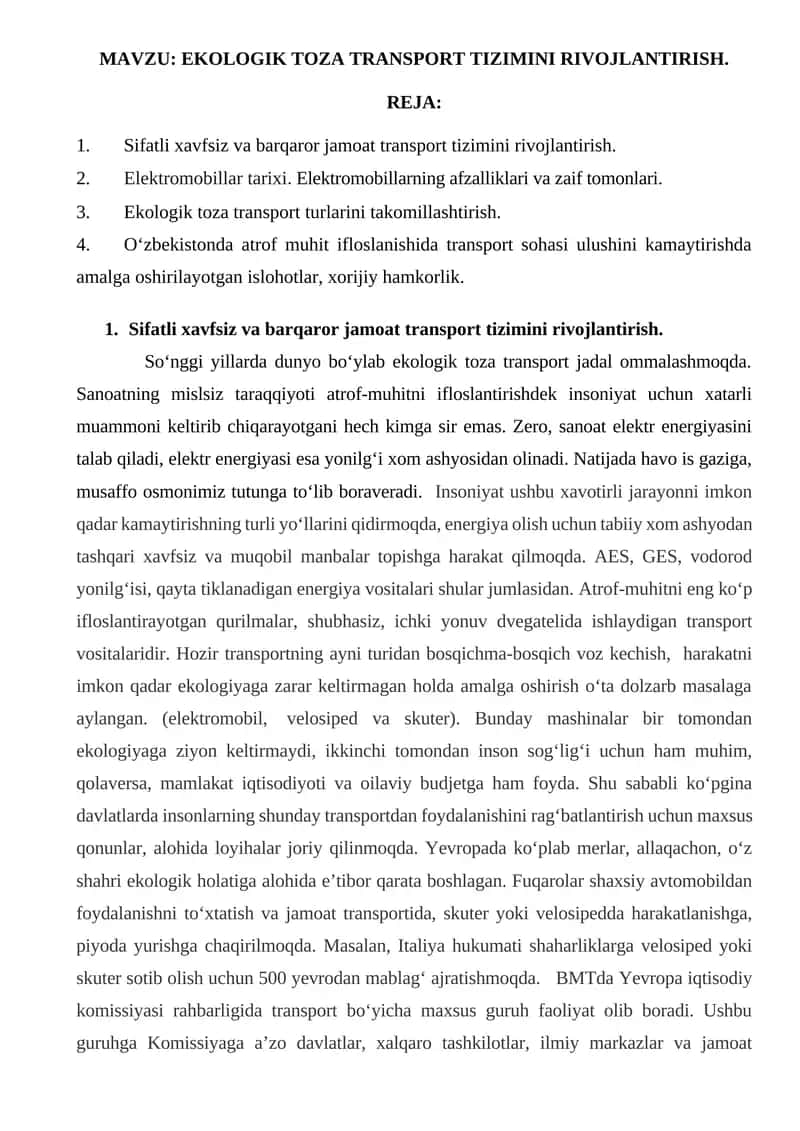 EKOLOGIK TOZA TRANSPORT TIZIMINI RIVOJLANTIRISH. 1