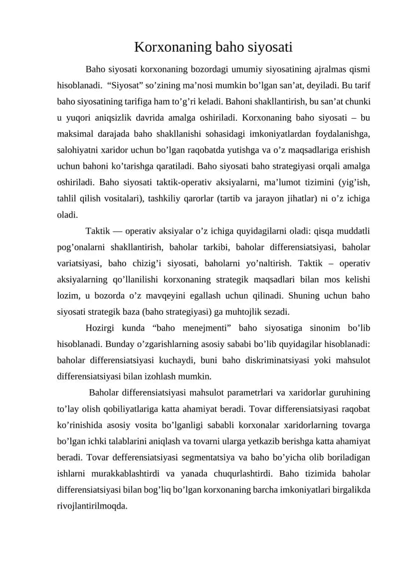 Korxonaning baho siyosati 1