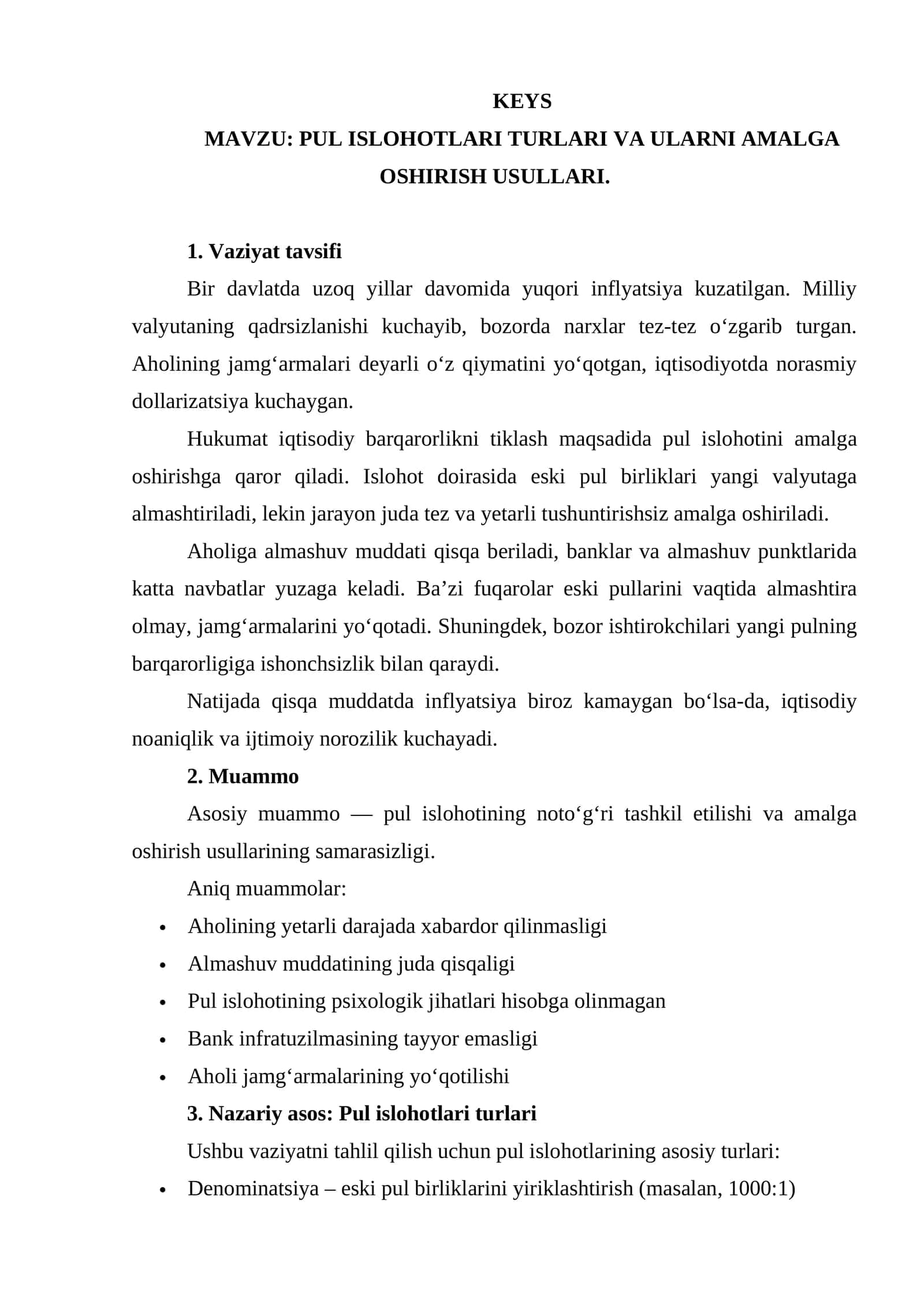 PUL ISLOHOTLARI TURLARI VA ULARNI AMALGA OSHIRISH USULLARI. keys 1