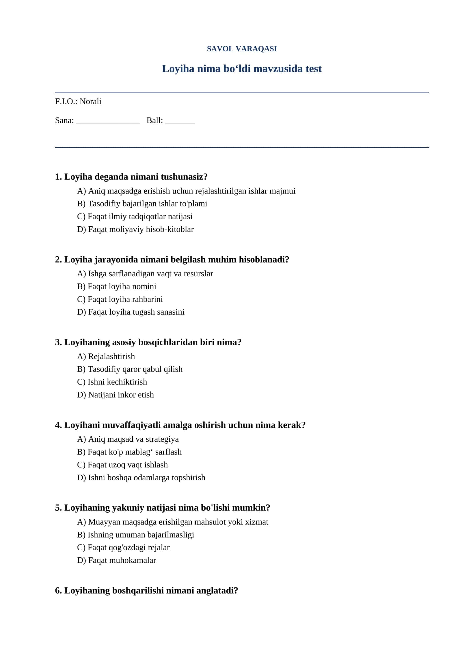Loyiha nima boʻldi mavzusida test 1