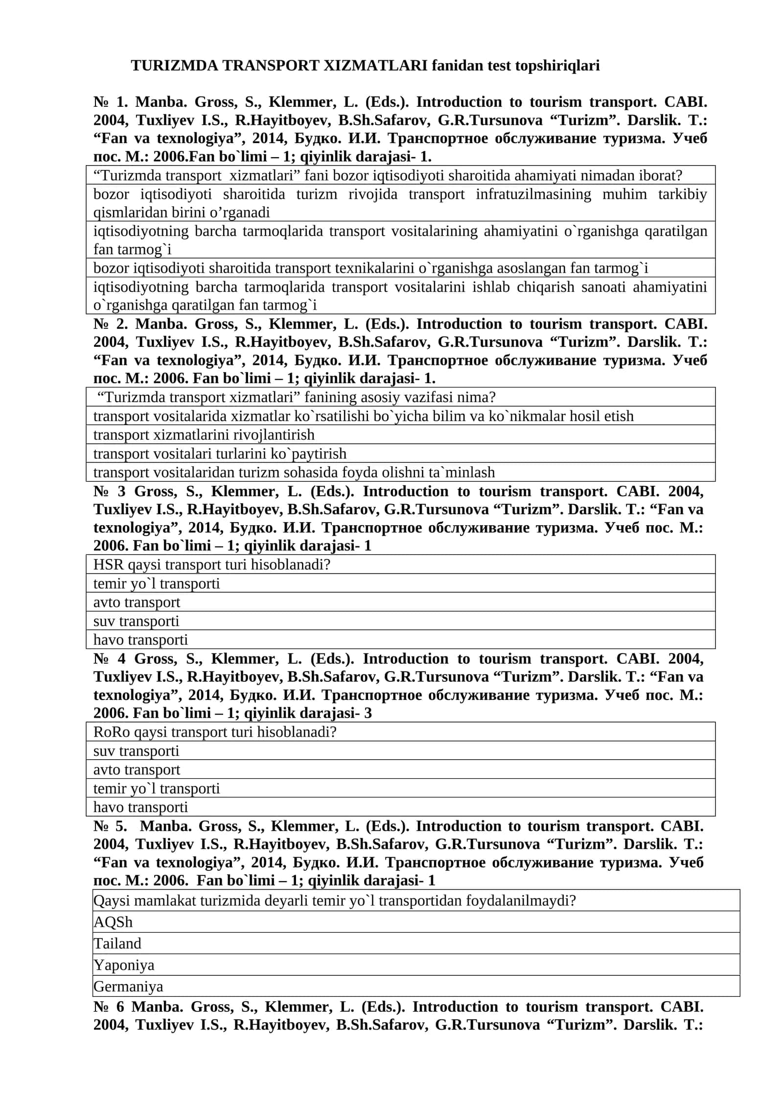 Turizmda TRANSPORT XIZMATLARI fanidan test topshiriqlari 1