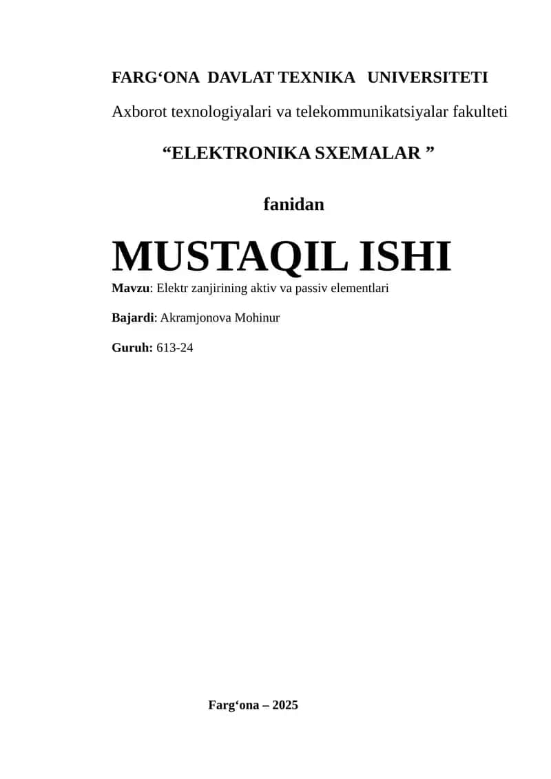 Elektronika SXEMALAR fanidan MUSTAQIL ISHI 1