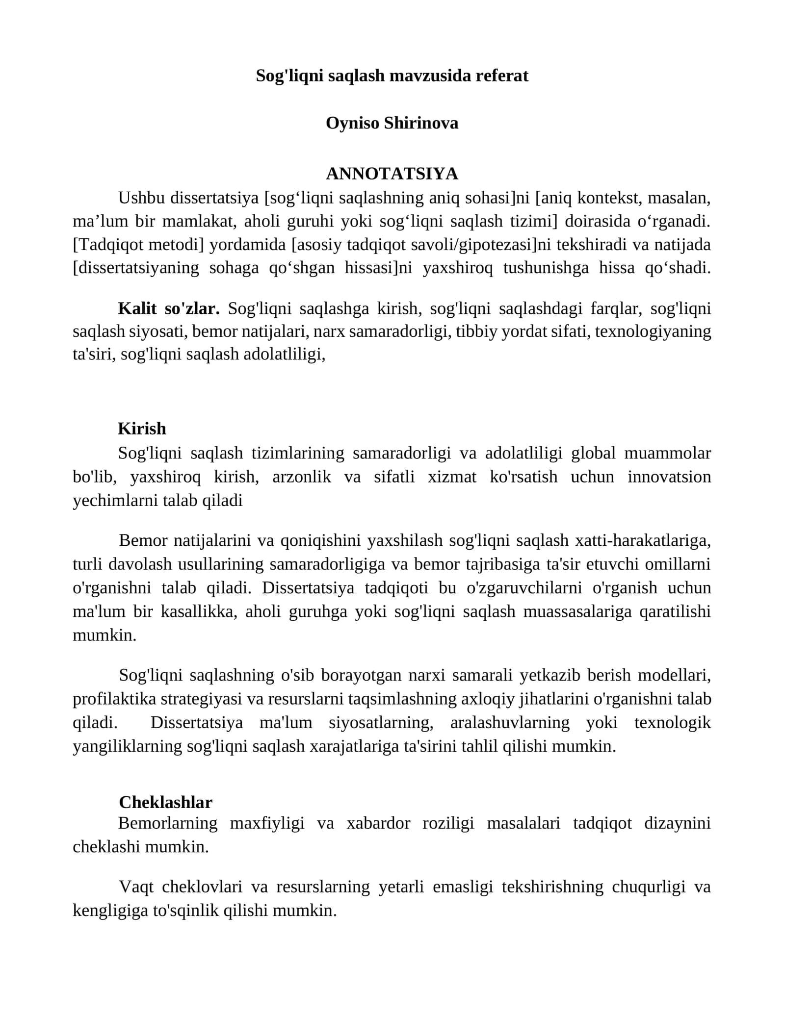 Sog'liqni saqlash mavzusida referat 1