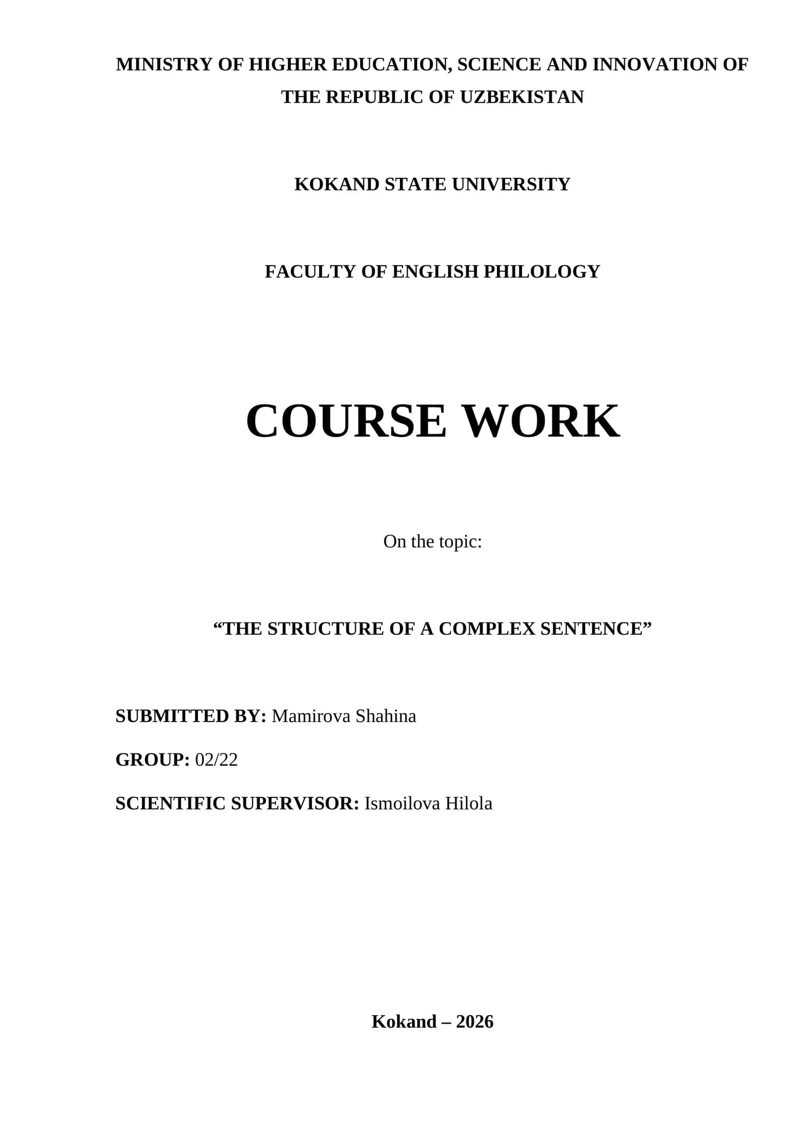 COURSE WORK: “THE STRUCTURE OF A COMPLEX SENTENCE” 1