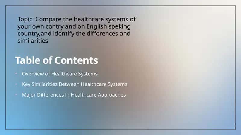 Compare the healthcare systems of your own contry and on English speking country,and identify the differences and similarities 1