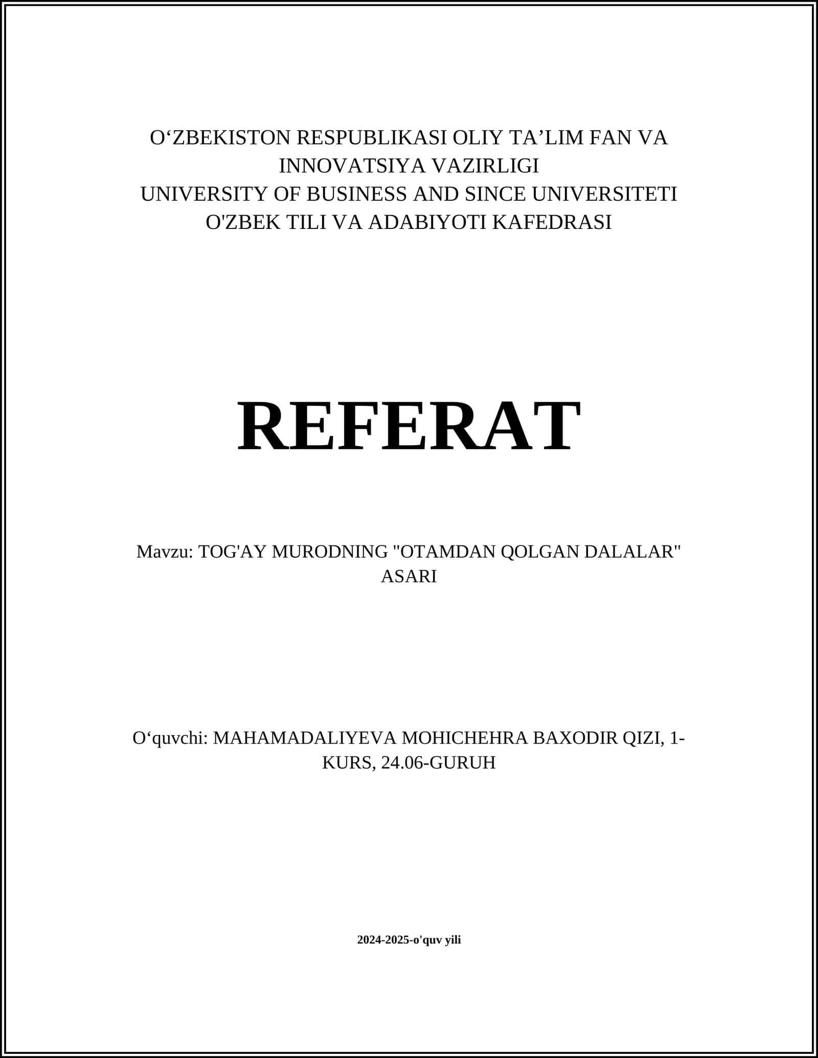 TOG'AY MURODNING "OTAMDAN QOLGAN DALALAR" ASARI 1