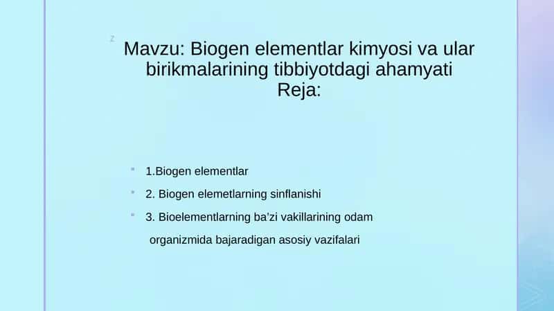 Biogen elementlar kimyosi va ular birikmalarining tibbiyotdagi ahamyati 1