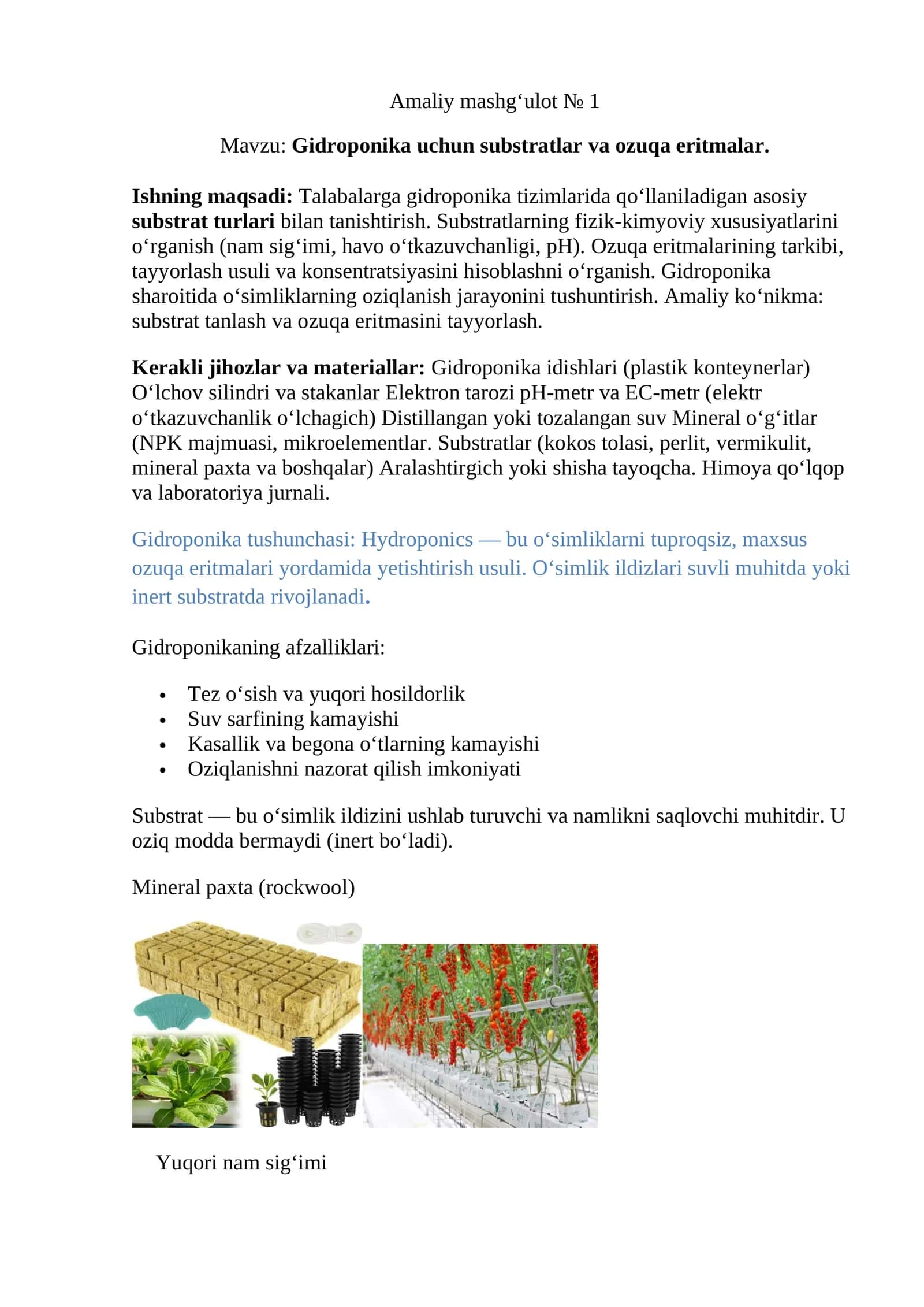 Gidroponika uchun substratlar va ozuqa eritmalar 1