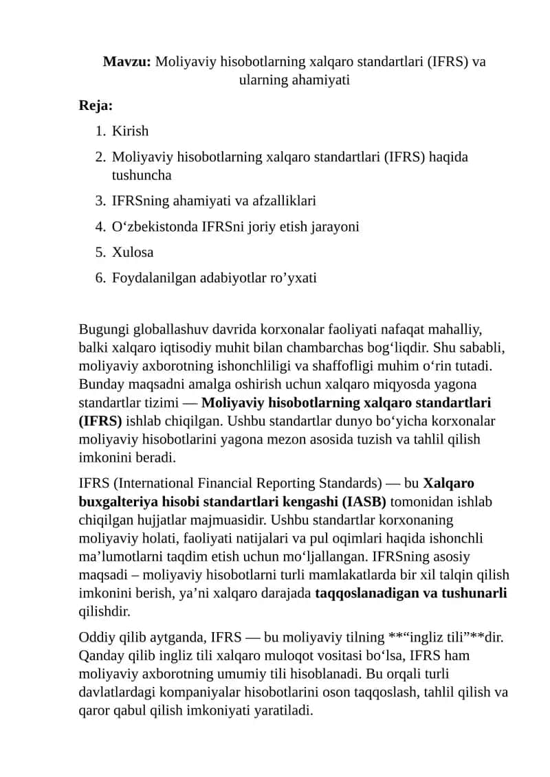 Moliyaviy hisobotlarning xalqaro standartlari (IFRS) va ularning ahamiyati 1