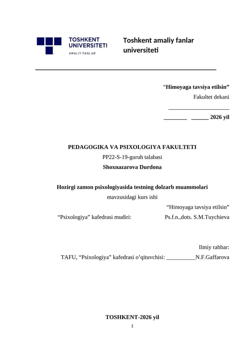 Hozirgi zamon psixologiyasida testning dolzarb muammolari 1