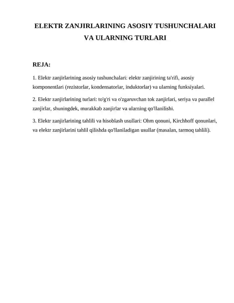 Elektr zanjirlarining asosiy tushunchalari va ularning turlari