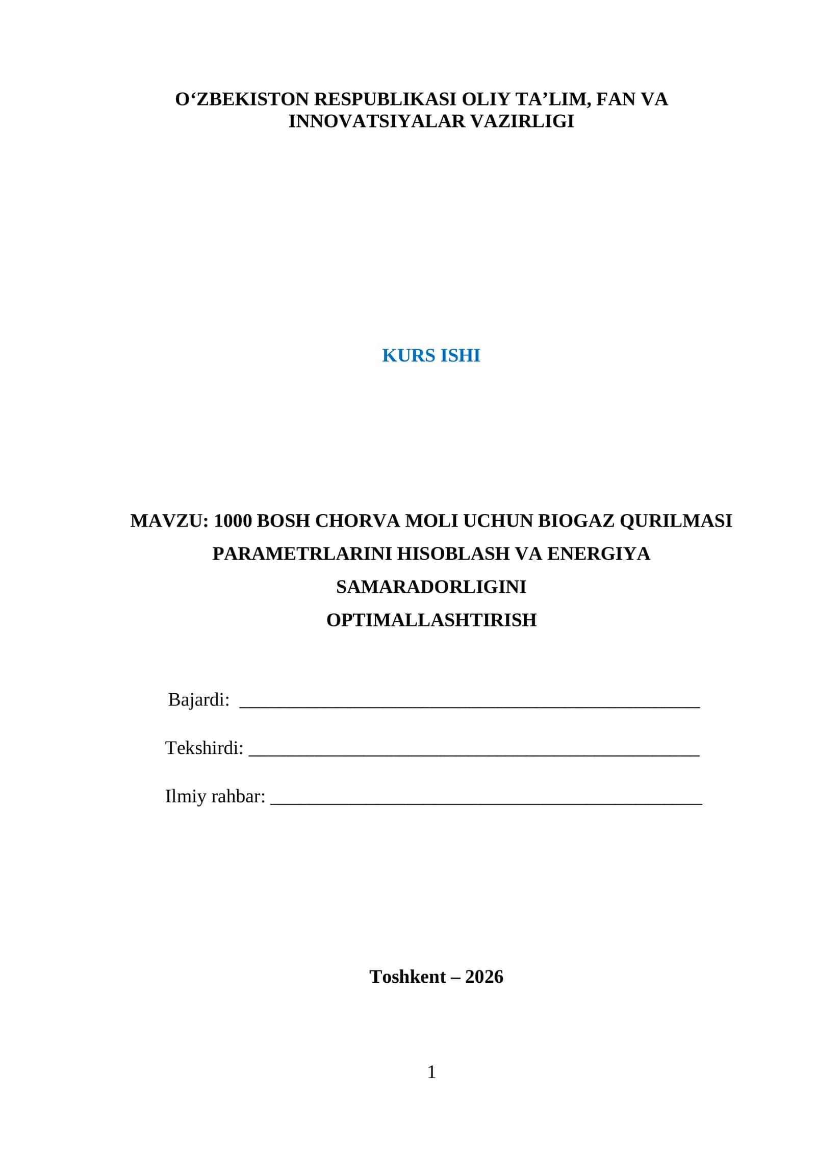 Biogaz qurilmasi uchun parametrlarni hisoblash 1
