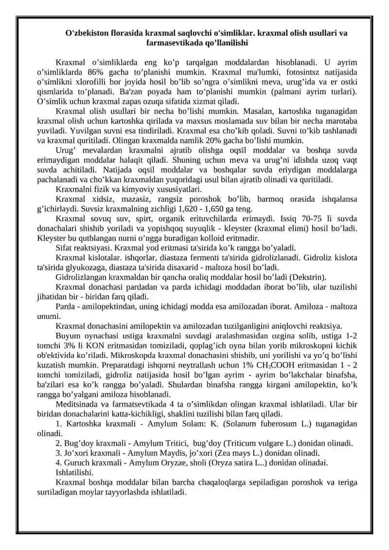Kraxmal olish usullari va farmasevtikada qo’llanilishi