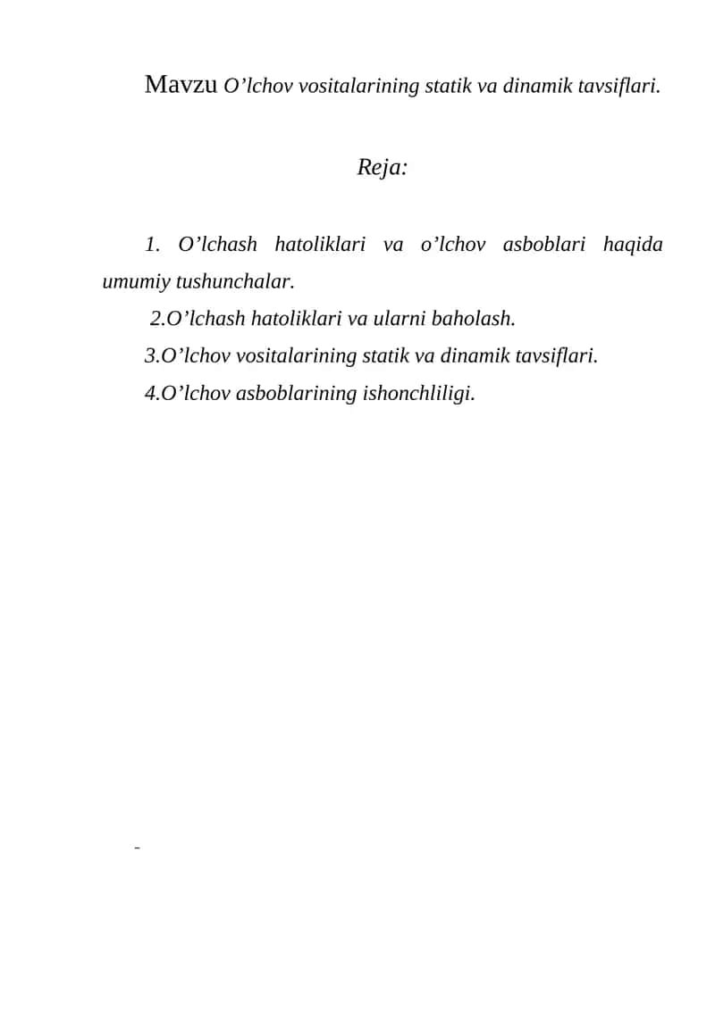 O’lchov vositalarining statik va dinamik tavsiflari 1