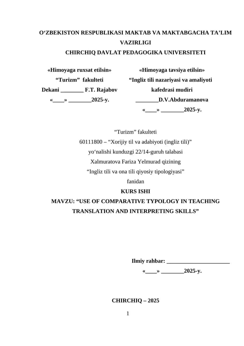KURS ISHI - “USE OF COMPARATIVE TYPOLOGY IN TEACHING TRANSLATION AND INTERPRETING SKILLS” 1