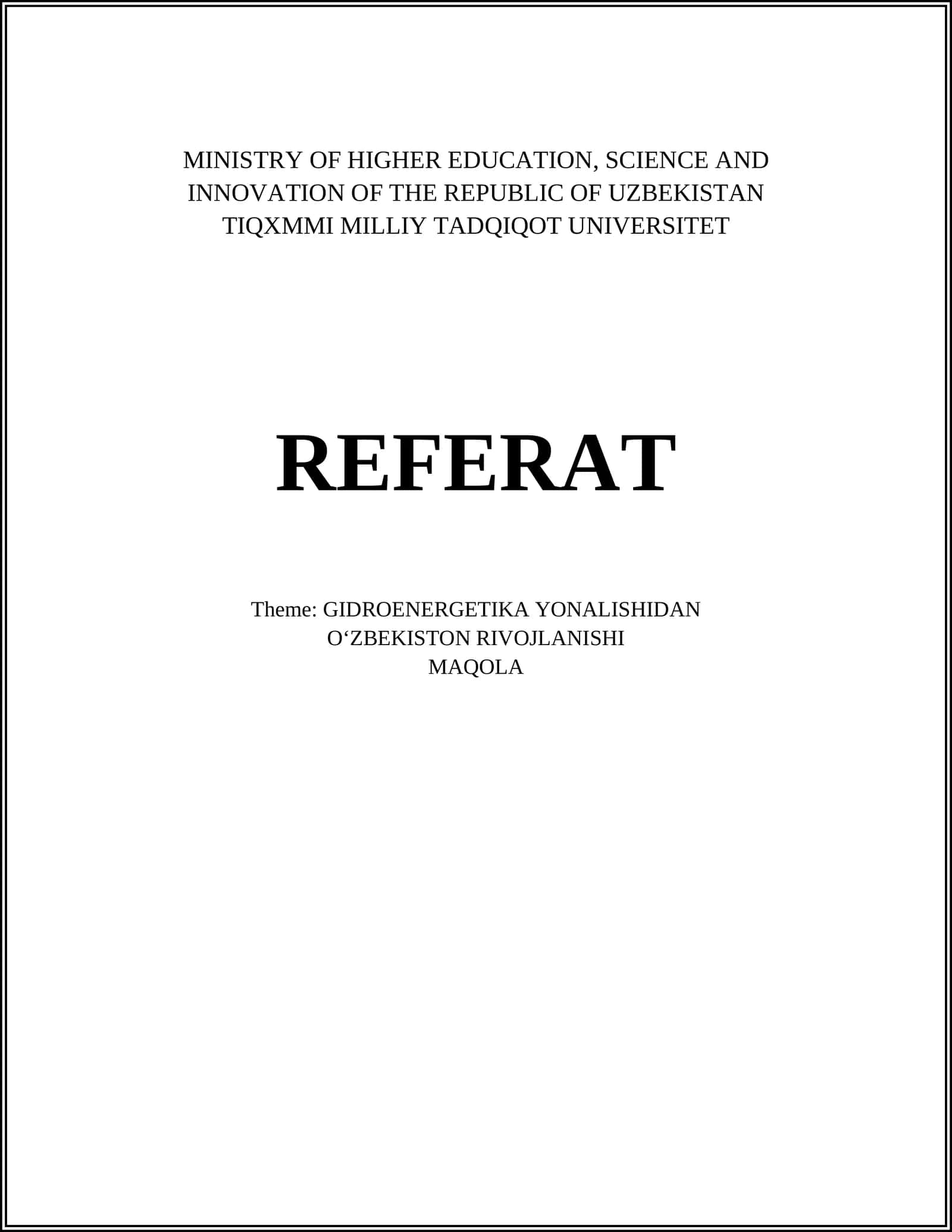 GIDROENERGETIKA YONALISHIDAN REFERAT 1